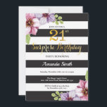 Invitation surprise pour 21 ans femmes floral<br><div class="desc">Invitation surprise pour les 21 ans pour femmes. Invitation de fête d'anniversaire noir et or. Paillettes dorées. Fleur florale aquarelle violette. Rayures noires et blanches. Numérique imprimable. Pour une personnalisation plus poussée,  veuillez cliquer sur le bouton "Personnaliser" et utiliser notre outil de conception pour modifier ce modèle.</div>