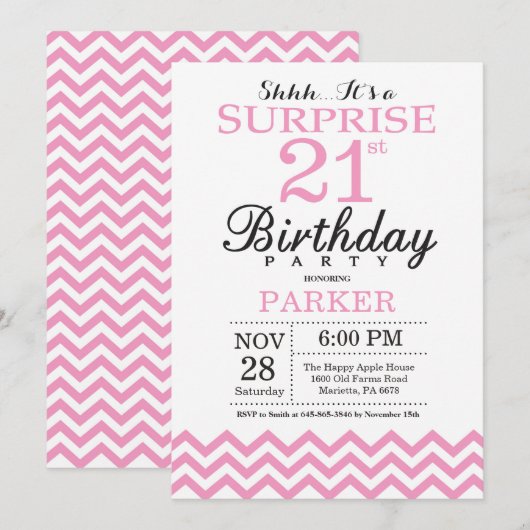 Invitation surprise pour 21e anniversaire Chevron (Devant / Derrière)