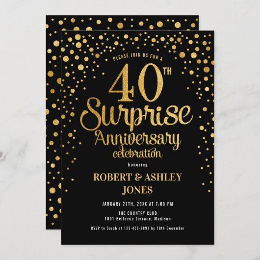 Invitation Surprise pour 40e anniversaire de mariage - Noir & (Devant / Derrière)