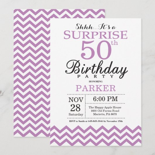 Invitation surprise pour 50 ans Chevron violet (Devant / Derrière)