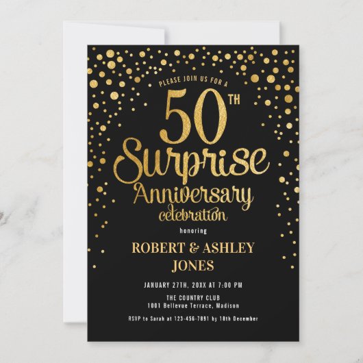 Invitation Surprise pour 50 ans de mariage - Noir et or (Devant)