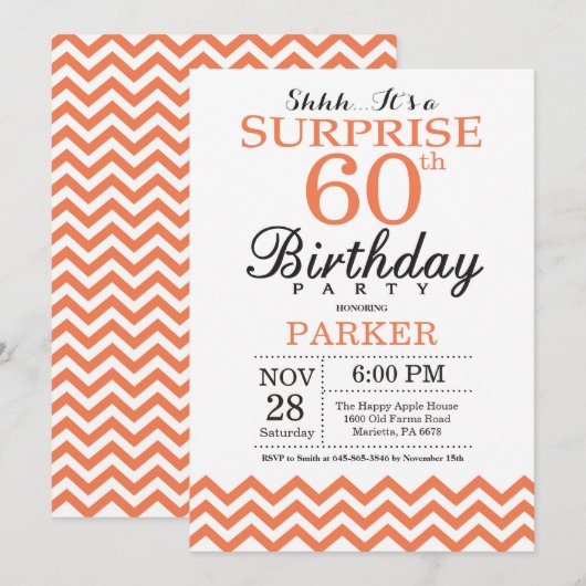 Invitation surprise pour 60 ans à chevron corail (Devant / Derrière)