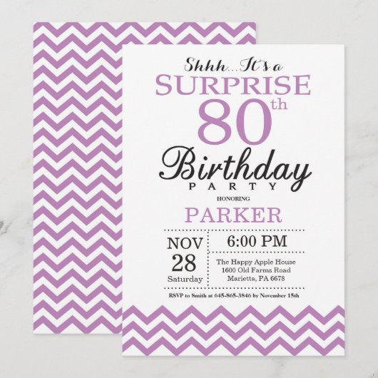 Invitation surprise pour 80 ans avec Chevron Viole (Devant / Derrière)