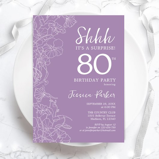 Invitation Surprise pour 80 ans - Floral Violet