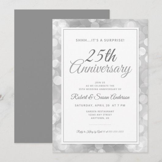 Invitation Surprise pour les 25 ans de mariage | Silver Bokeh (Devant / Derrière)