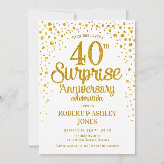 Invitation Surprise pour les 40 ans de mariage - Or et Blanc (Devant)