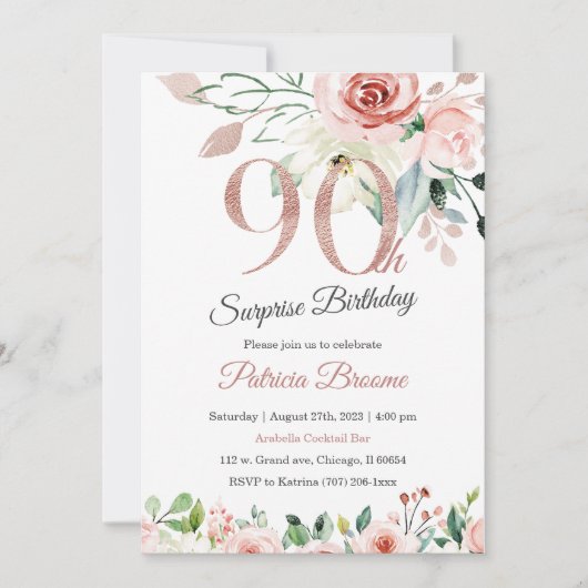Invitation Surprise pour les 90 ans pour femmes (Devant)