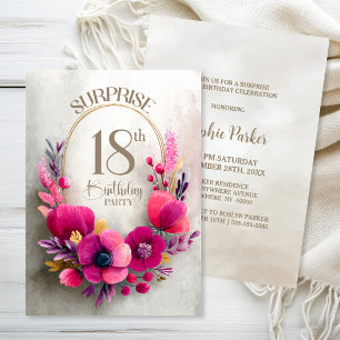 Invitation Surprise pour un 18ème anniversaire aux fleurs ros