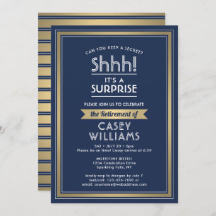 Invitation Surprise Retirement Party Navy Blue White Gold