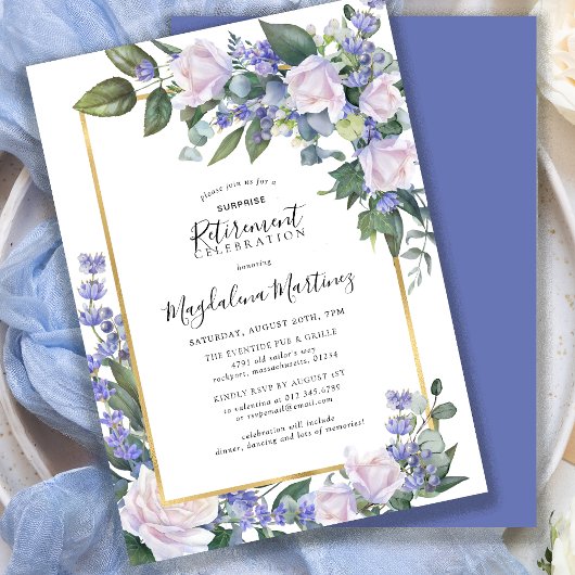 Invitation Surprise Retraite Party Blanc Rose Bleu Floral