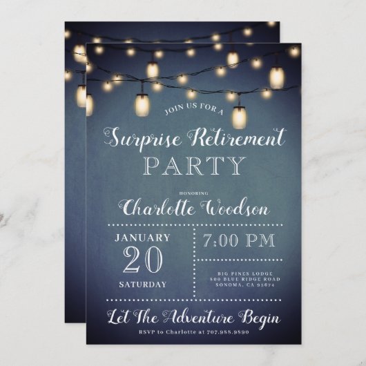 Invitation Surprise Retraite Party Chaîne Lumières Bleu (Devant / Derrière)