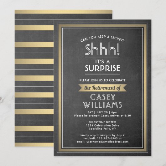 Invitation Surprise Retraite Party Élégant Chalkboard Gold (Devant / Derrière)