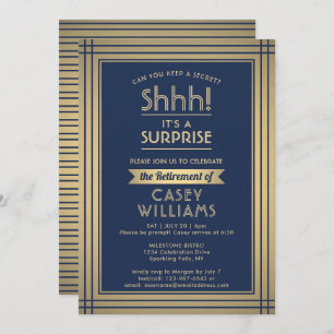 Invitation Surprise Retraite Party Élégant Marine Blue Gold