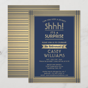 Invitation Surprise Retraite Party Élégant Marine Blue Gold