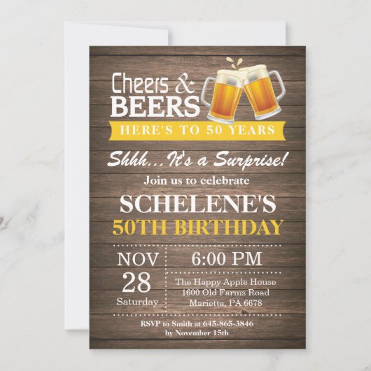Invitation Surprise Rustic Cheers and Beers 50e anniversaire (Devant)