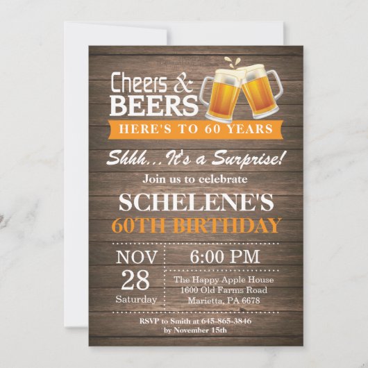 Invitation Surprise Rustic Cheers and Beers 60e anniversaire (Devant)
