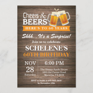Invitation Surprise Rustic Cheers and Beers 60e anniversaire