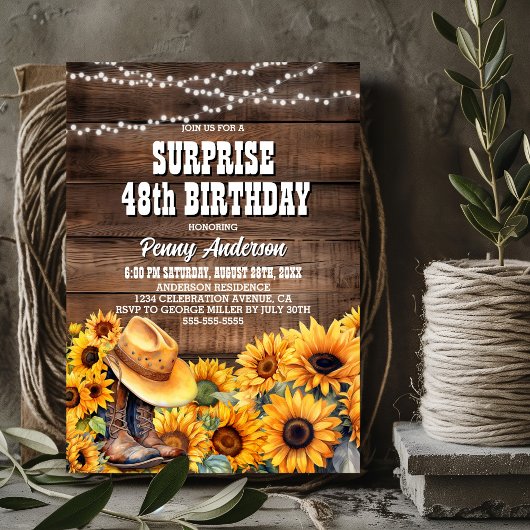 Invitation Surprise Rustic Wood Sunflower fête d'anniversaire