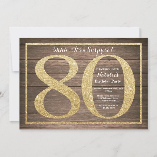 Invitation Surprise Rustique 80e Anniversaire Or (Devant)
