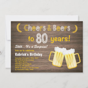 Invitation Surprise rustique « Cheers and Beers » 80e anniver