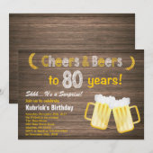 Invitation Surprise rustique « Cheers and Beers » 80e anniver (Devant / Derrière)