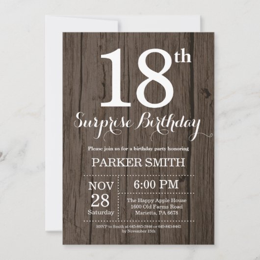Invitation surprise rustique pour 18 ans (Devant)