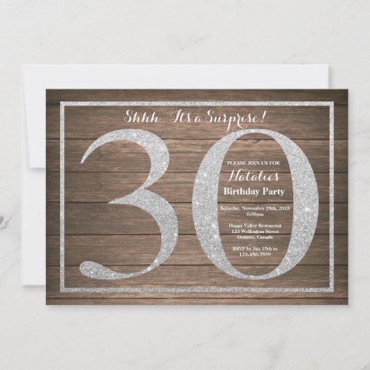 Invitation surprise rustique pour 30 ans Argent (Devant)