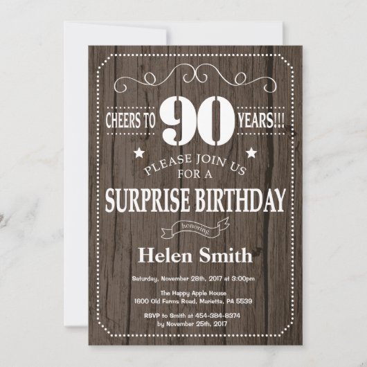 Invitation surprise rustique pour 90e anniversaire (Devant)