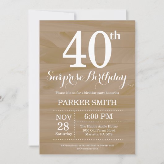 Invitation surprise rustique pour les 40 ans (Devant)