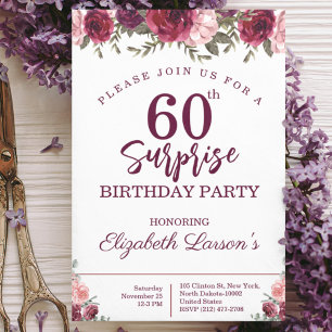 Invitation Surprise Senior Anniversaire fête Floral Bourgogne