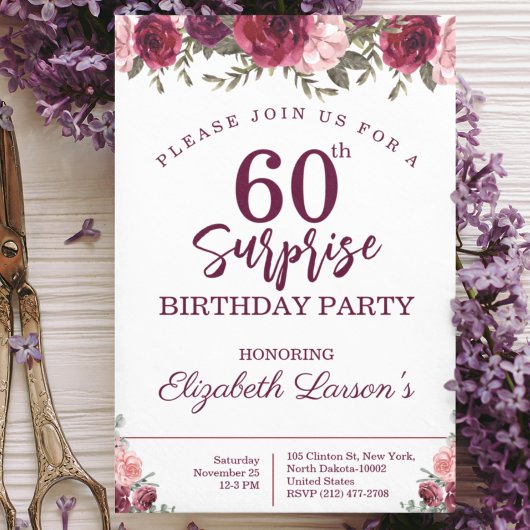 Invitation Surprise Senior Anniversaire fête Floral Bourgogne