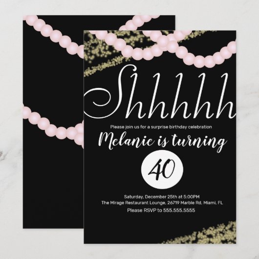 Invitation Surprise Shhhhh Pink Pearl Foil Anniversaire (Devant / Derrière)