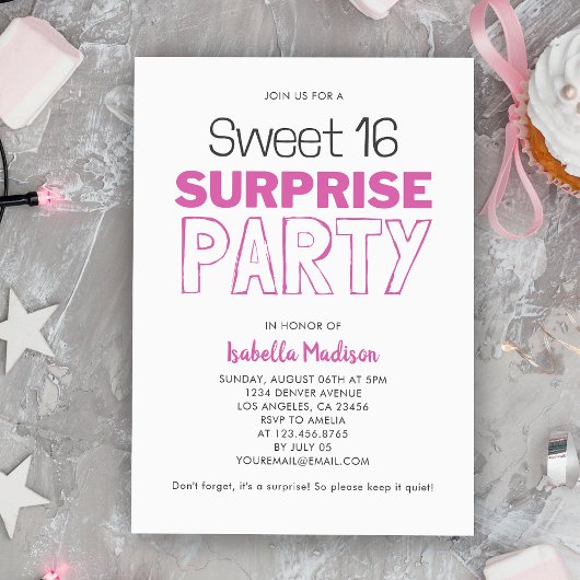 Invitation Surprise Sweet 16 rose fête d'anniversaire
