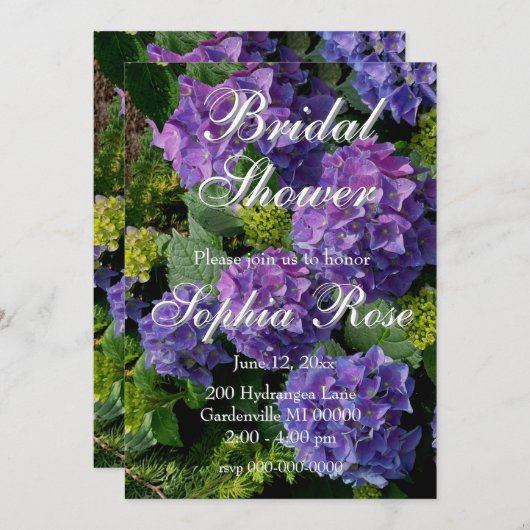 Invitation Survent bleu violet hydrangée douche nuptiale (Devant / Derrière)