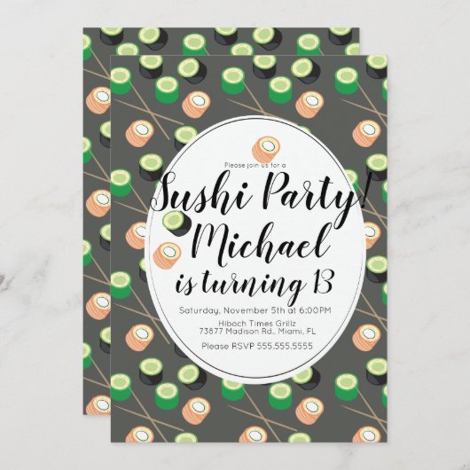 Invitation Sush Rolls Grey Anniversaire Hibachi Restaurant (Devant / Derrière)
