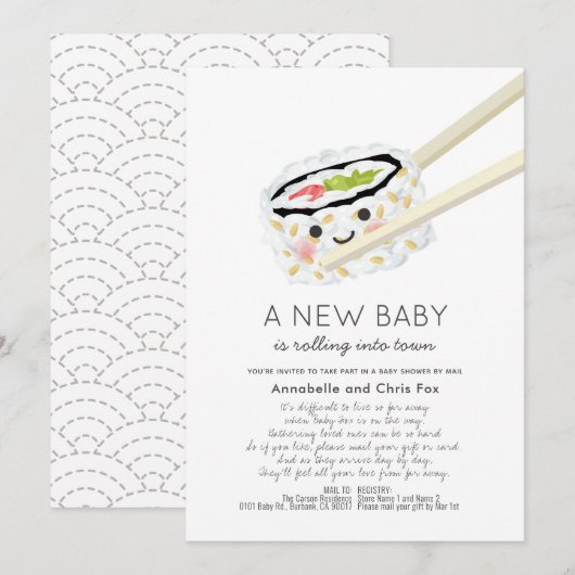 Invitation Sushi Roll Kawaii Baby shower par courrier (Devant / Derrière)