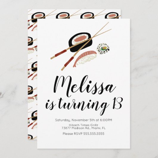 Invitation Sushi Roll Saumon Ado Anniversaire Hibachi Restaur (Devant / Derrière)