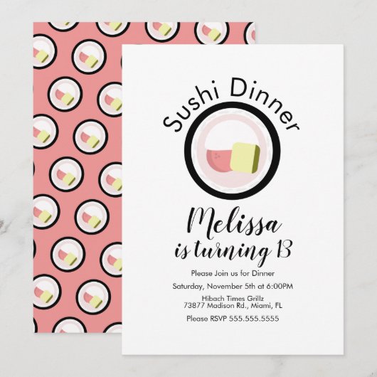 Invitation Sushi Roll Saumon Ado Birthday Restaurant (Devant / Derrière)