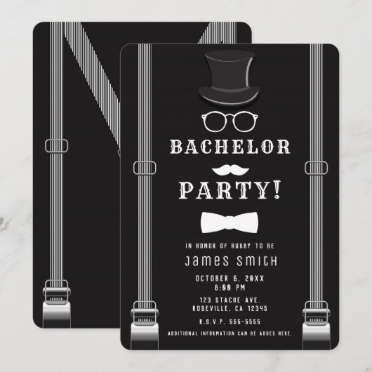 Invitation Suspenders de garçon de bachelor hipster pour homm (Devant / Derrière)