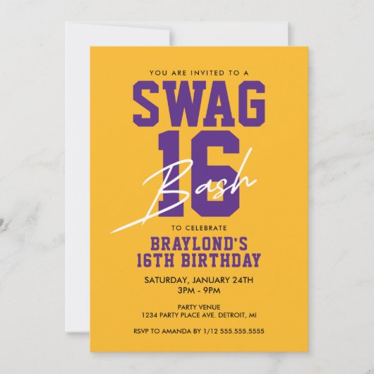 Invitation Swag pourpre et jaune 16 Anniversaire (Devant)