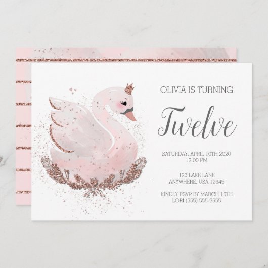 Invitation Swan 1er anniversaire | Parties scintillant or bla (Devant / Derrière)