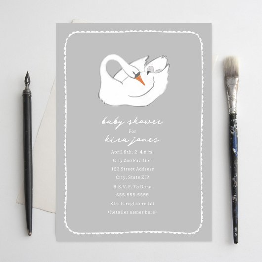 Invitation Swan à main Mama et Baby shower gris