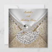 Invitation Swan Beige Or Damask Blanc Elégant Anniversaire (Devant)