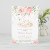 Invitation Swan Blush rose Floral Gold Baby shower fille (Debout devant)