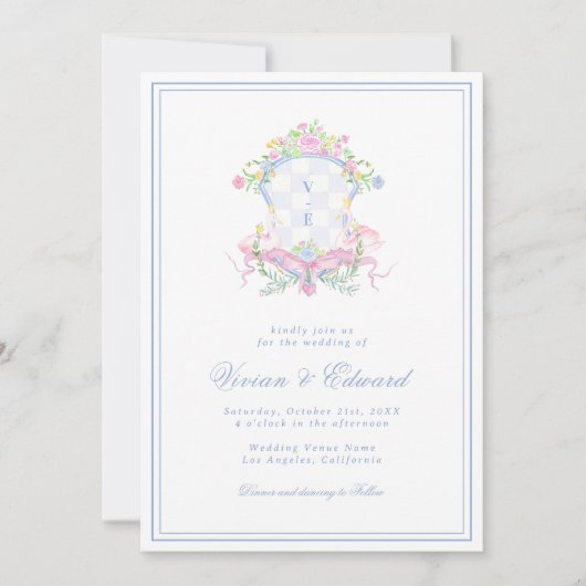 Invitation Swan Crest Monogram Coastal Blue Wedding (Devant)