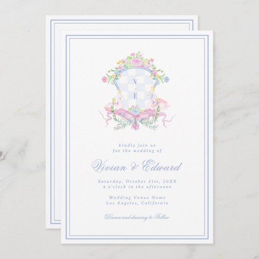 Invitation Swan Crest Monogram Coastal Blue Wedding (Devant / Derrière)