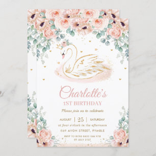 Invitation Swan Princess Blush Pink Floral Gold 1er anniversa