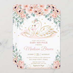 Invitation Swan Princess Blush Pink Poppy Baby shower floral