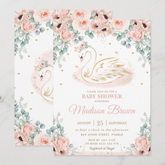 Invitation Swan Princess Blush Rose Floral Baby shower or (Devant / Derrière)