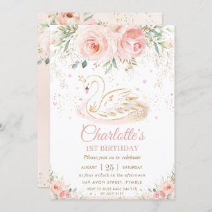 Invitation Swan Princess Blush Rose Floral Gold Girl Annivers